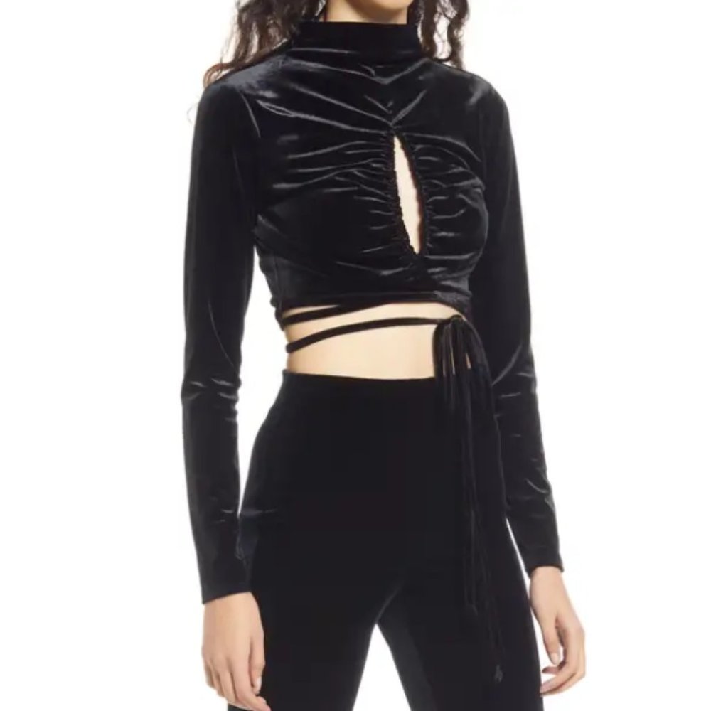 Nordstrom Black Velvet Long-Sleeve Crop Top with Wrap Ties